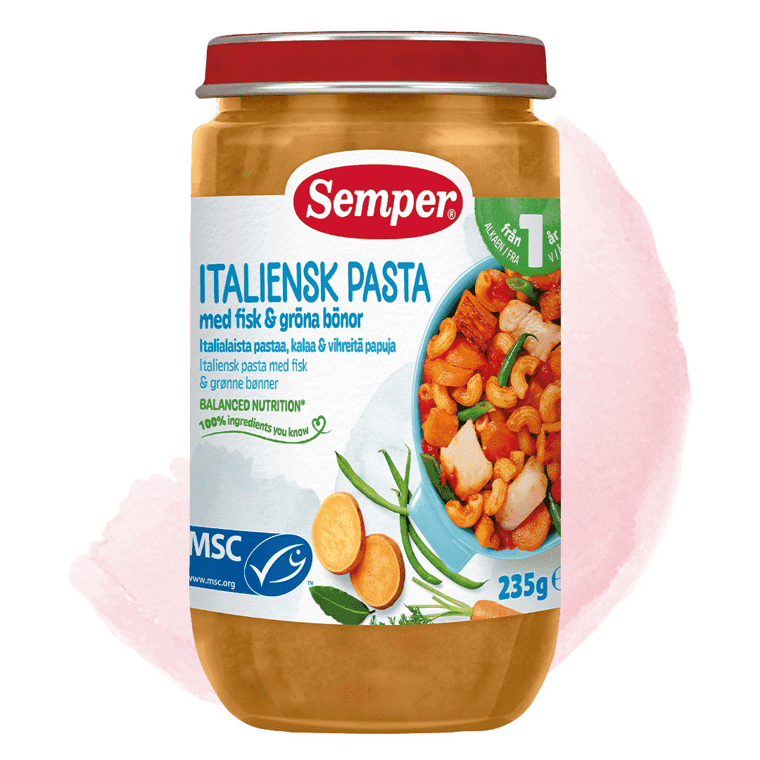 Italiensk pasta med fisk og grønne bønner 12m