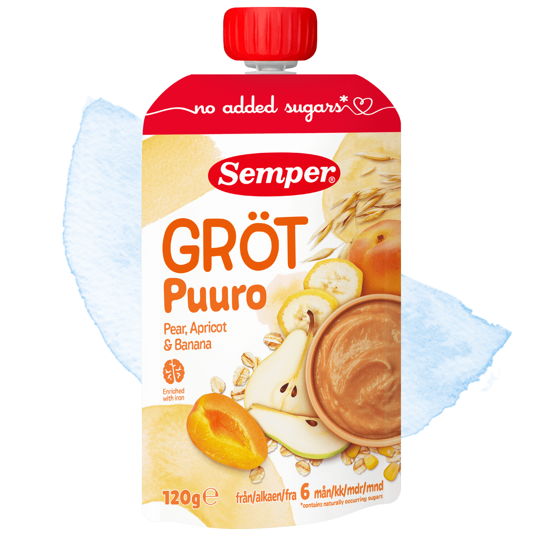 Spiseklar barnegrøt med pære, aprikos & banan